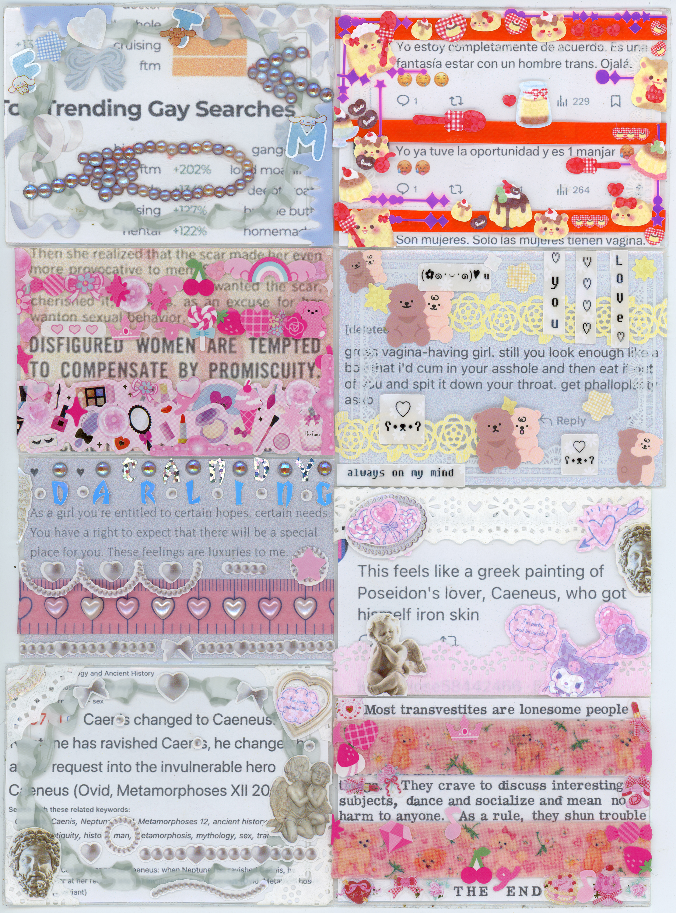 a page of eight toploaders with embelished trading cards of trans-related materials from social media, historical literature, trans periodicals, and more.