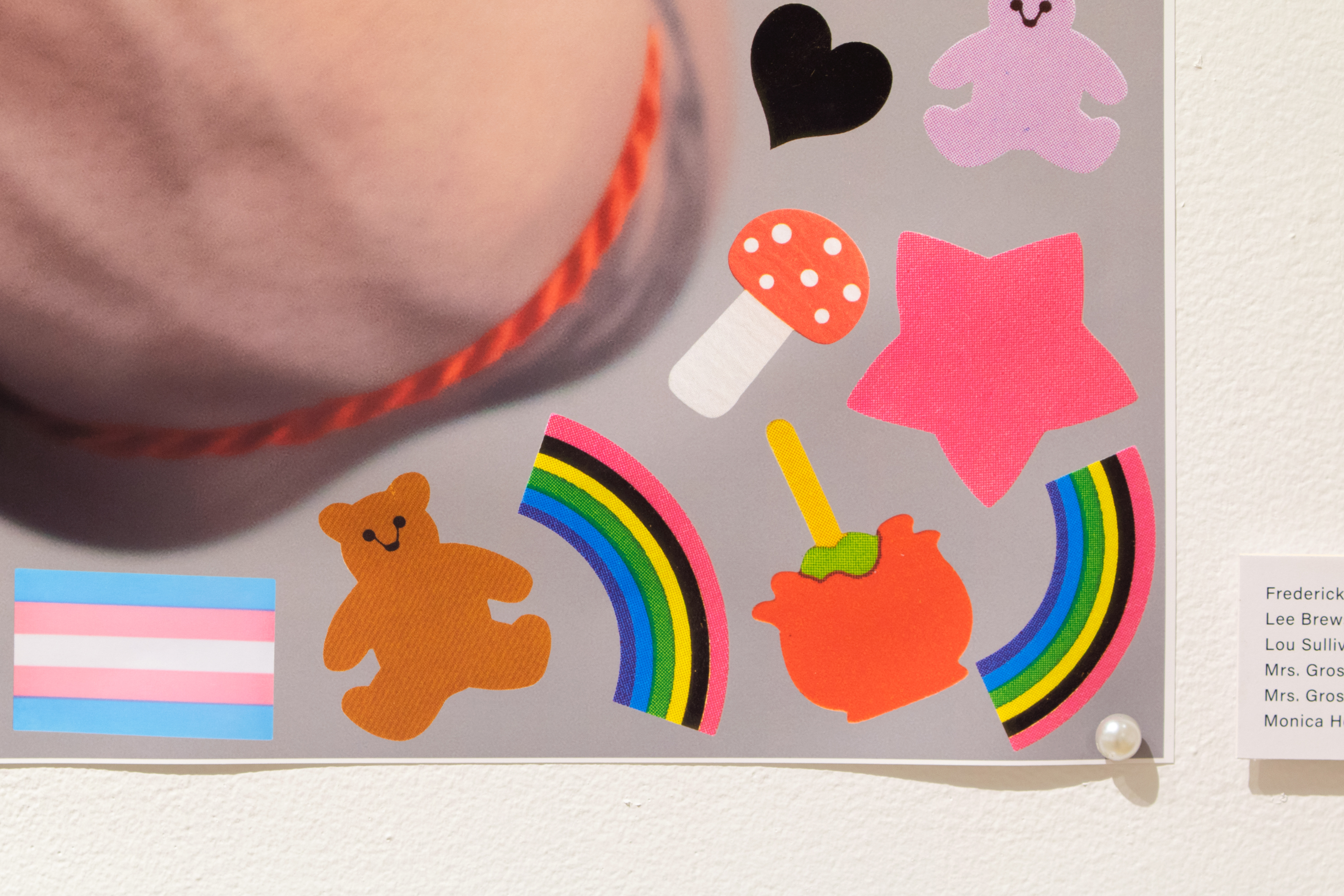 detail of 'a study of men' piece featuring a close-up of decora stickers, and showing the half-tone of the enlarged stickers