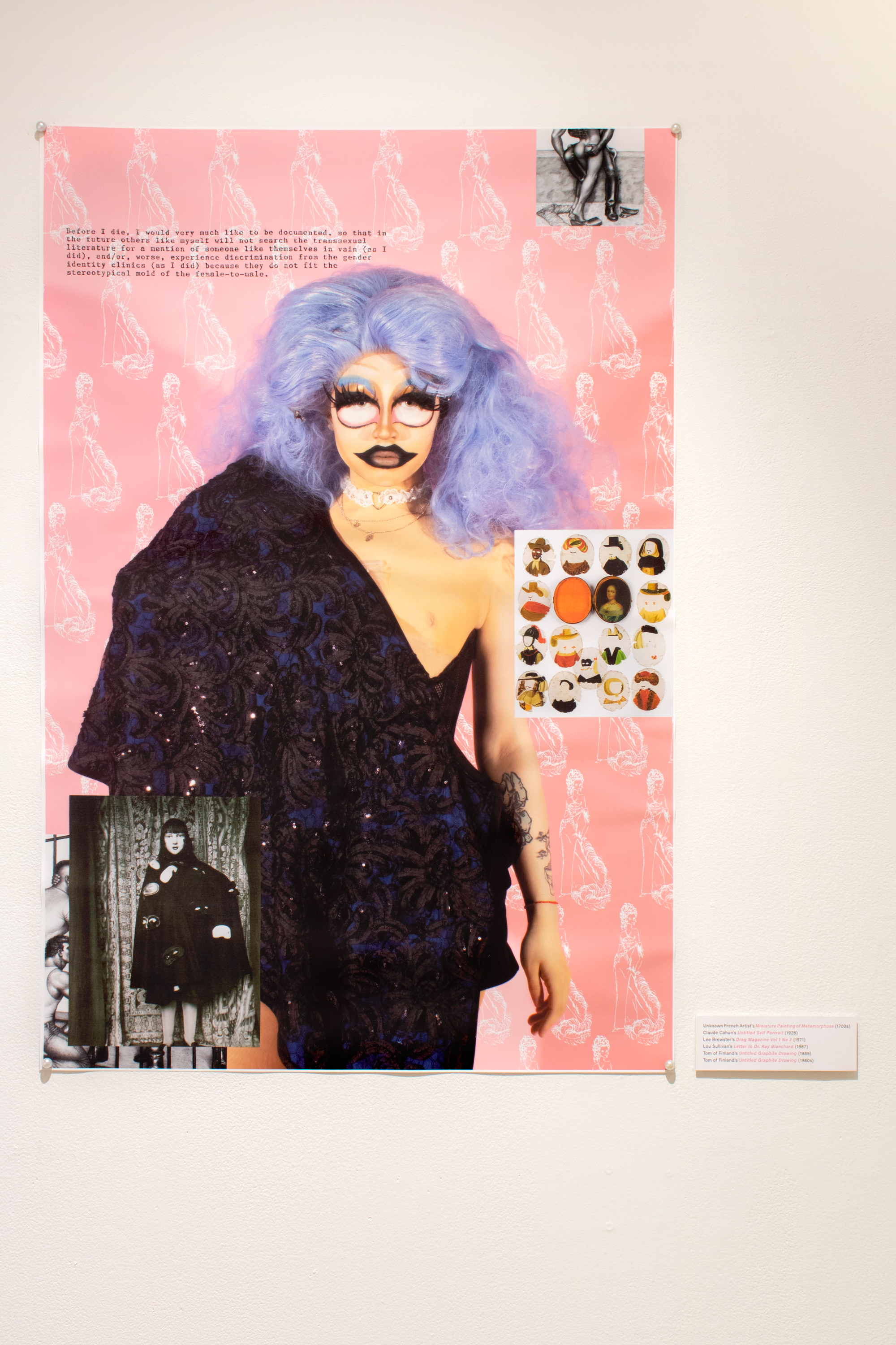 installation view of a photomontage of the artist in high femme drag with imagery about gay male sexuality and gender transgression surrounding her