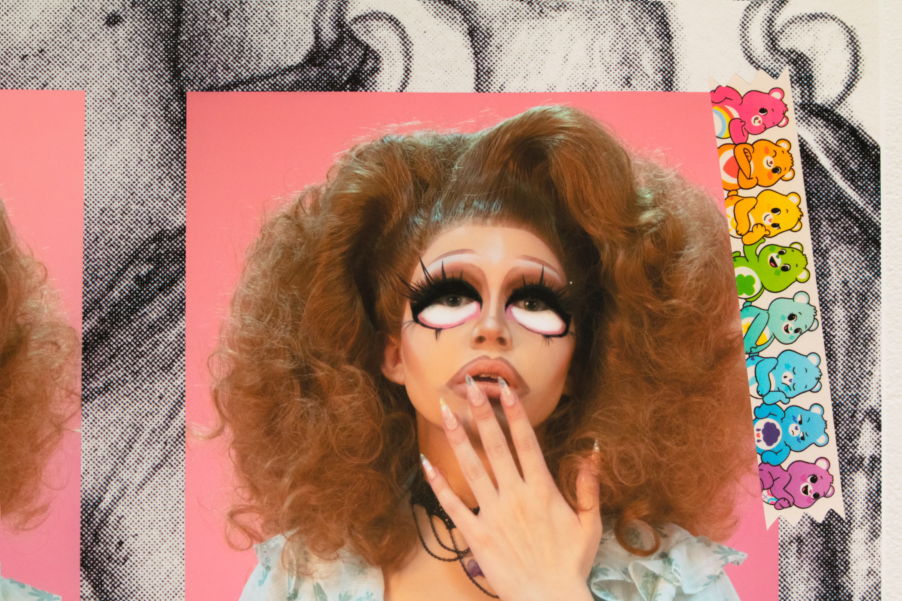 detail of 'triptych' piece featuring a close-up of the artist's drag makeup, which imitates the facial features of fashion dolls and shoujo manga